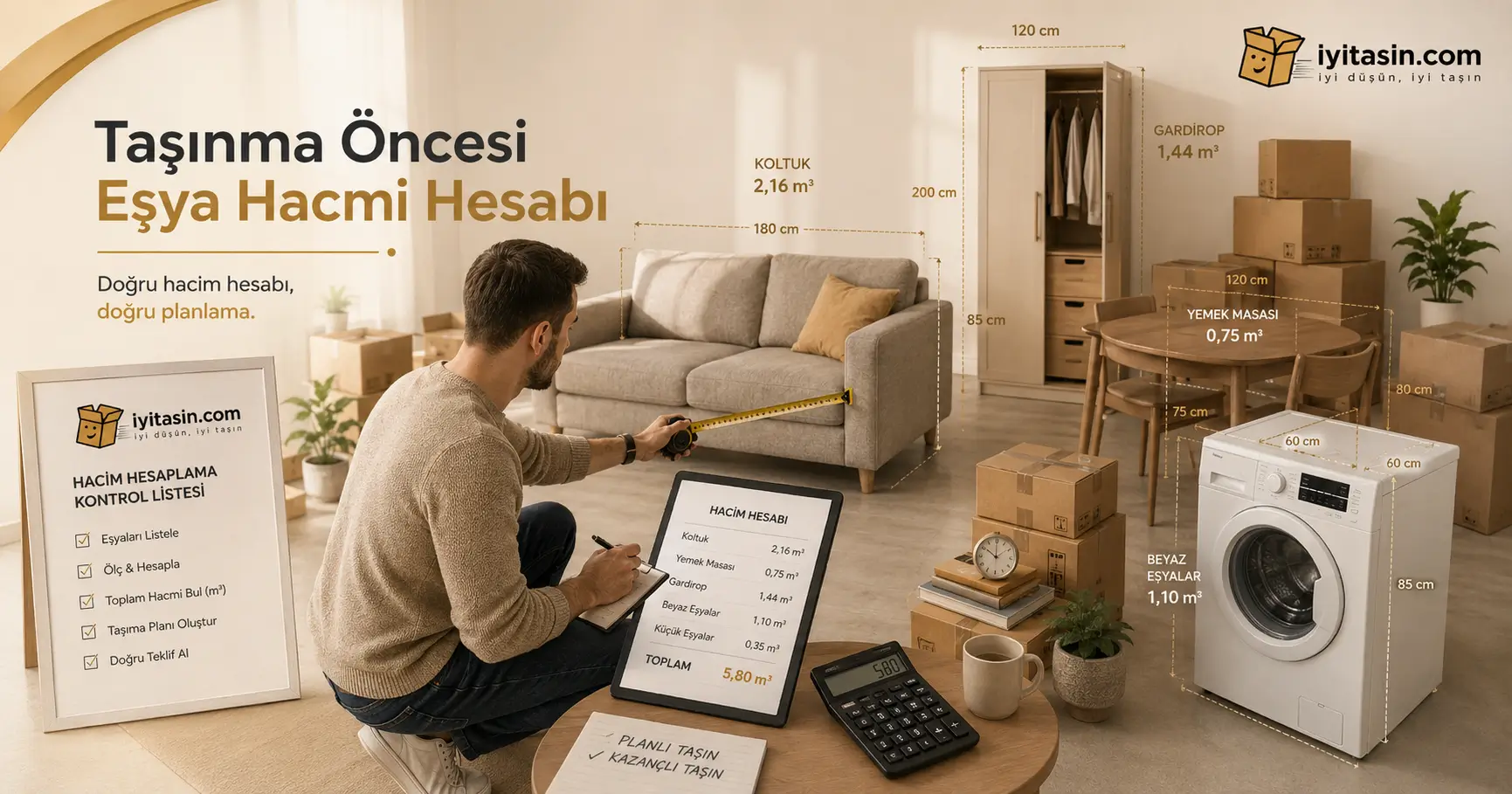 Taşınma öncesi eşya hacmini hesaplayan bir kişi